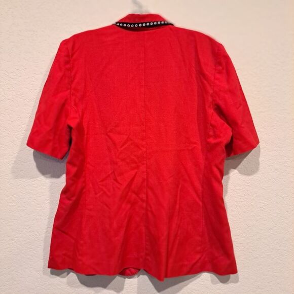 Elegant Vintage 90s Red Blouse Pearl Buttons Collared Shirt Jacket Shacket sz 12 - Picture 7 of 11